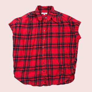 Madewell Womens Red Button Down Plaid Dahl Cap Sleeve Shirt Small Oversized Boxy